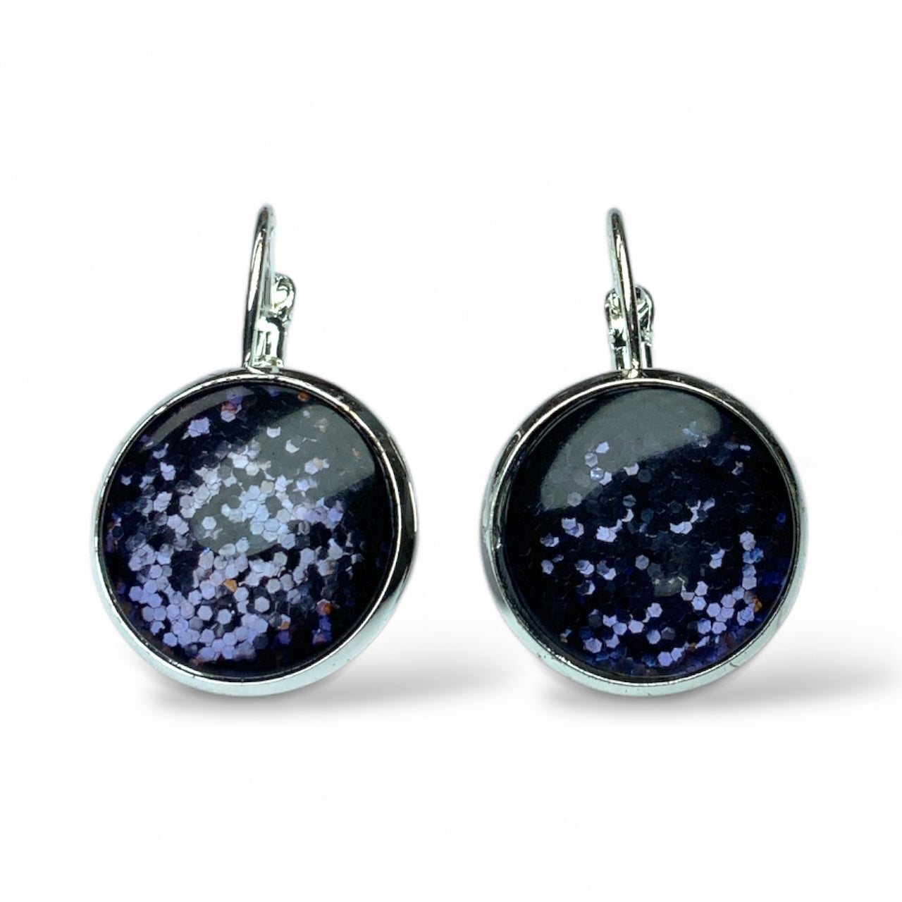 Glitter Resin Drop Earrings Silver Plated | Handmade Statement Jewellery Navy