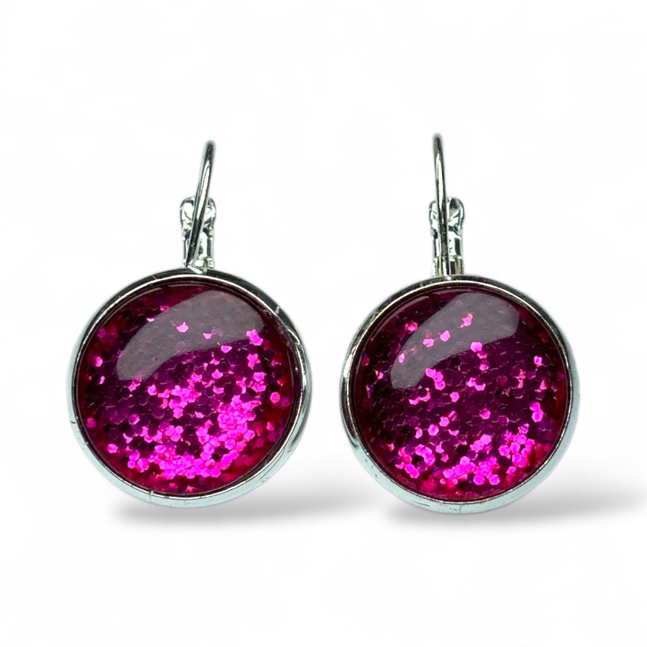 Glitter Resin Drop Earrings Silver Plated | Handmade Statement Jewellery Fuchsia