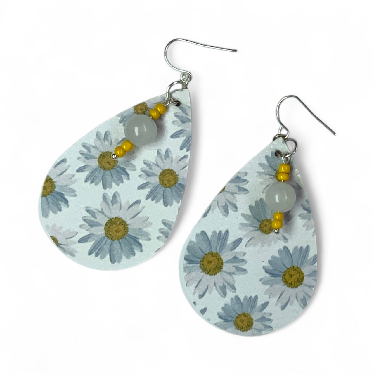 Handmade Sunflower Teardrop Earrings – Lightweight Faux Leather Dangles with Silver Hooks