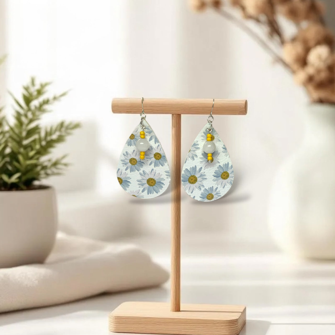 Handmade Sunflower Teardrop Earrings – Lightweight Faux Leather Dangles with Silver Hooks