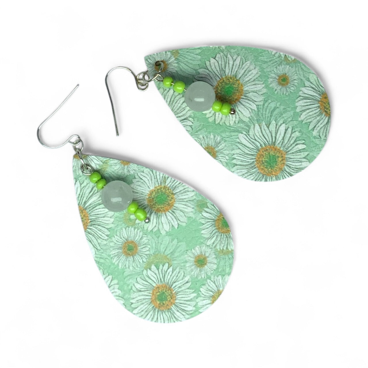 Handmade Sunflower Teardrop Earrings – Lightweight Faux Leather Dangles with Silver Hooks