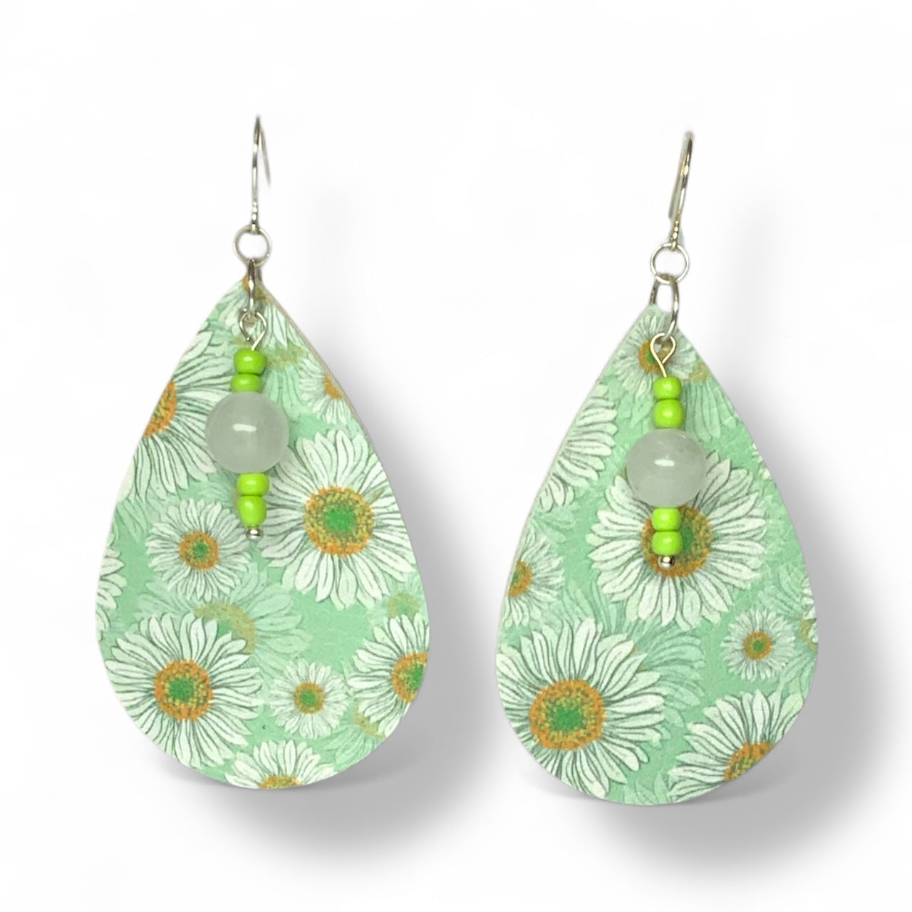 Handmade Sunflower Teardrop Earrings – Lightweight Faux Leather Dangles with Silver Hooks Green