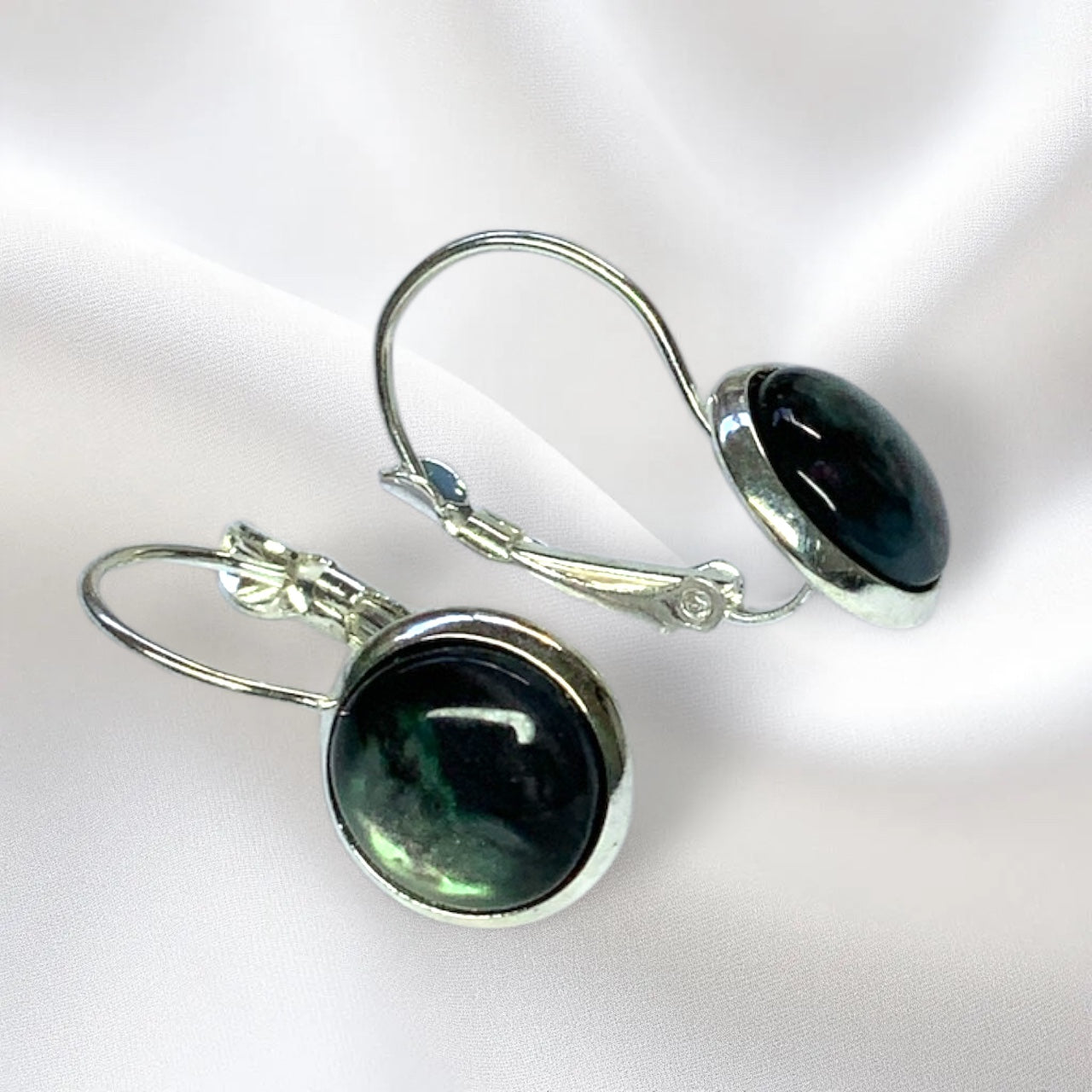 Handmade Iridescent Resin Drop Earrings – Cosmic Black with Green & Silver Shimmer