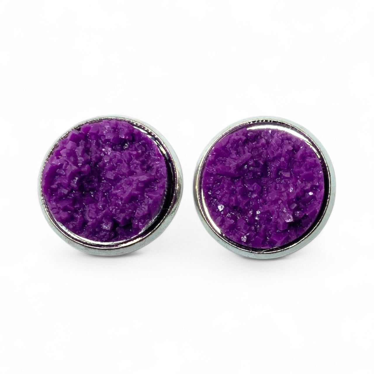 Sparkly Druzy Silver Stud Earrings Lightweight Resin, Multiple Colours Purple