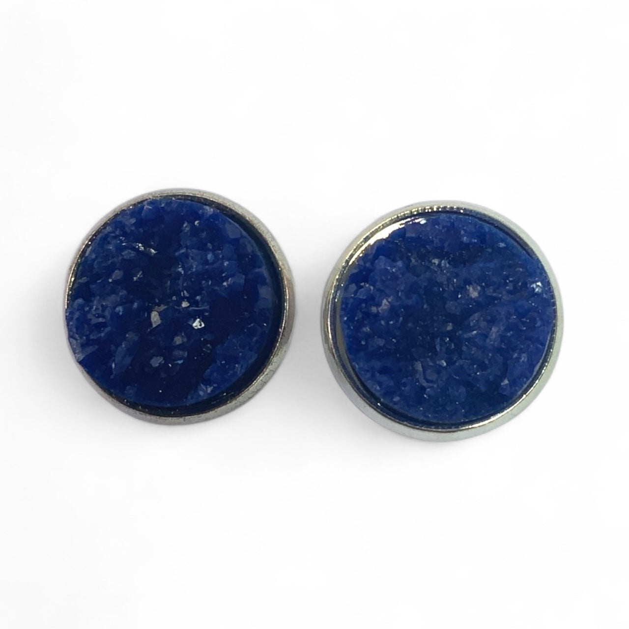 Sparkly Druzy Silver Stud Earrings Lightweight Resin, Multiple Colours Blue