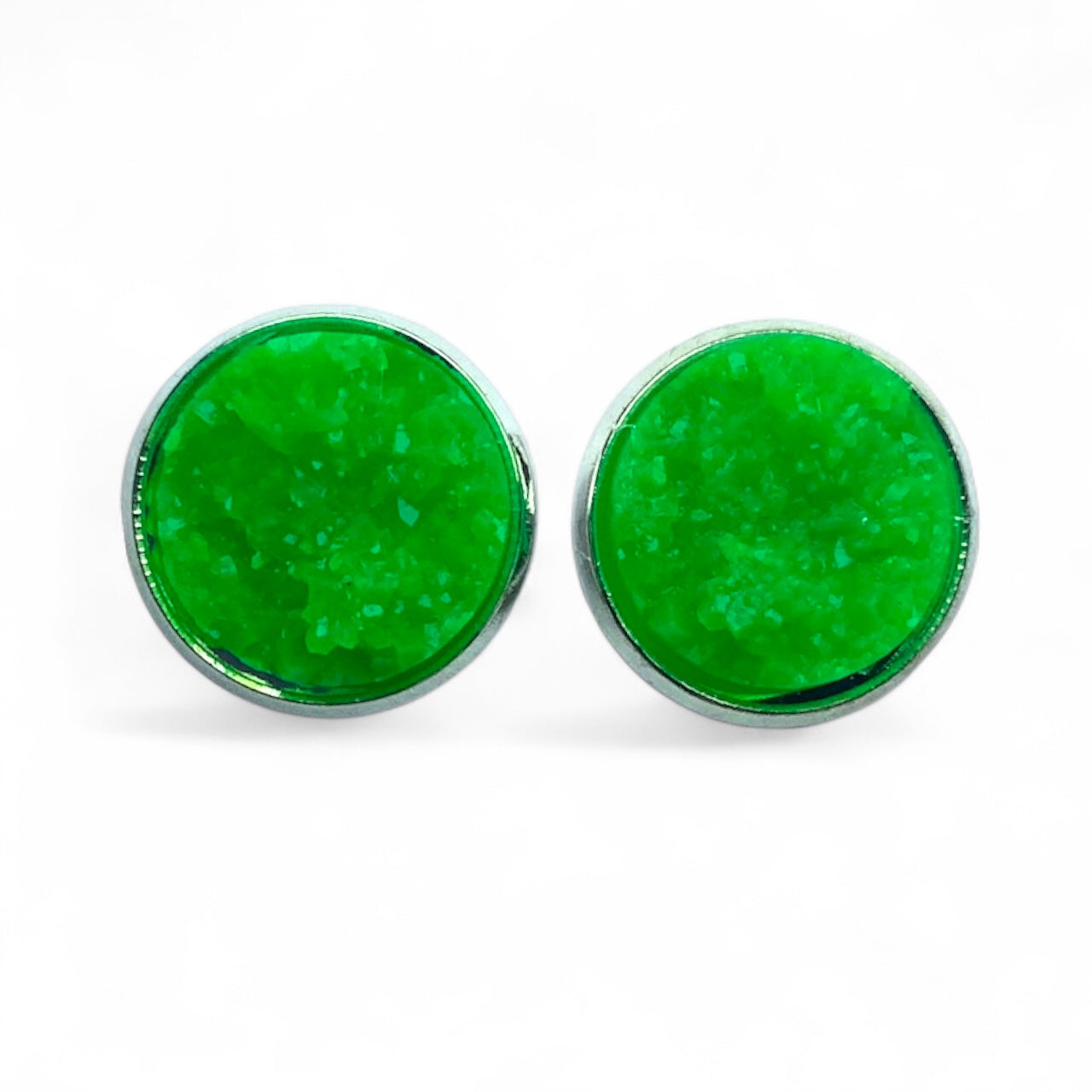 Sparkly Druzy Silver Stud Earrings Lightweight Resin, Multiple Colours Bright Green