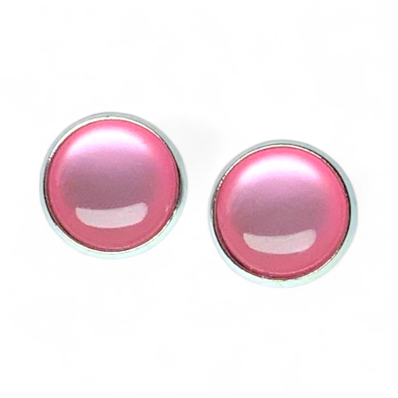 Glossy Shiny Dome Resin Silver Stud Earrings - Multiple Colours Pink