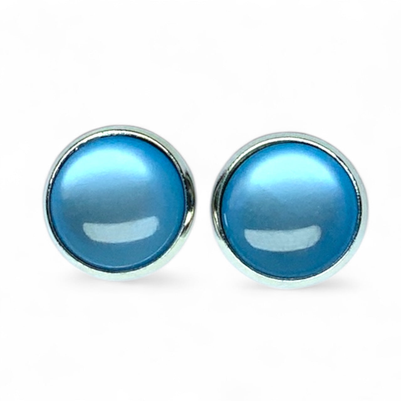 Glossy Shiny Dome Resin Silver Stud Earrings - Multiple Colours Blue