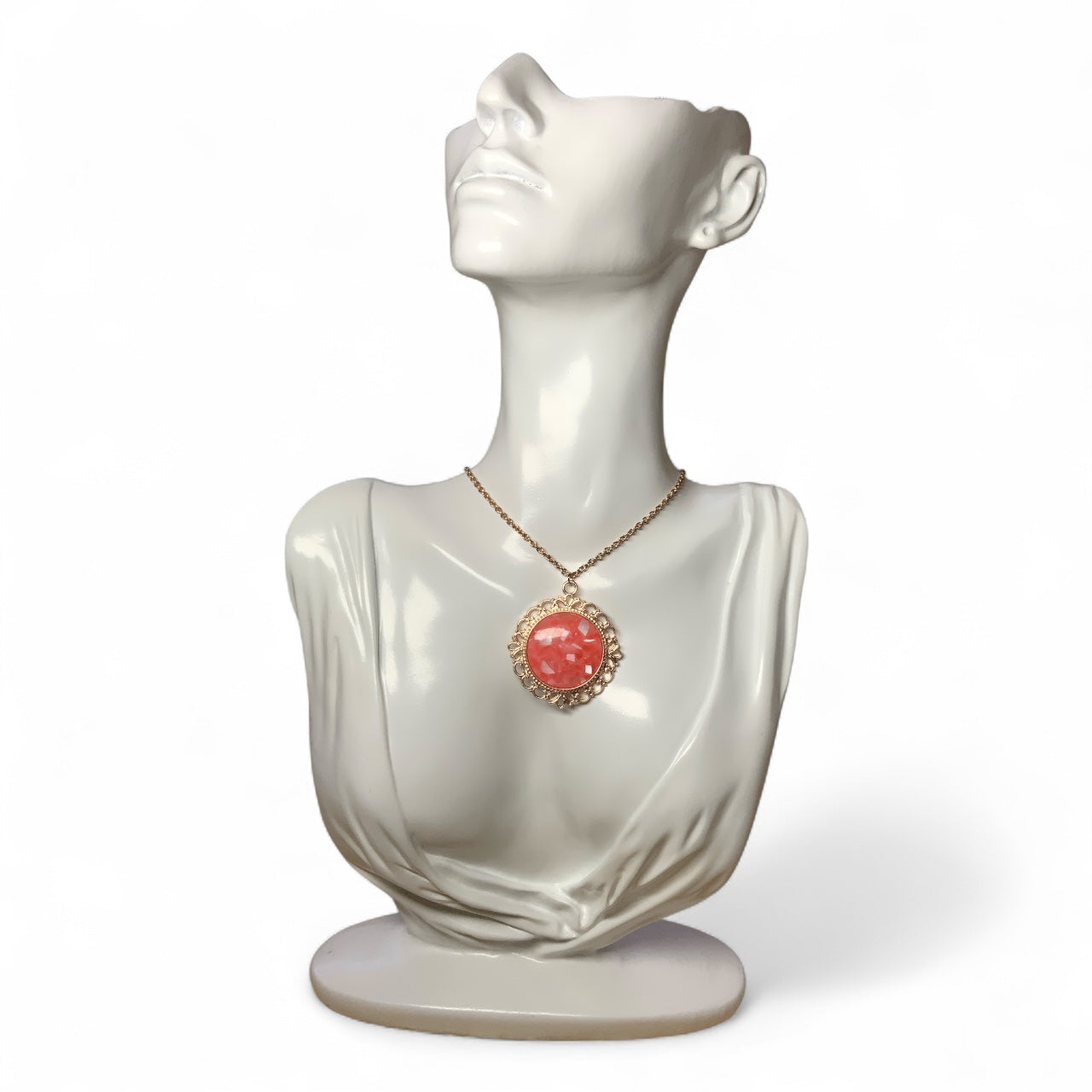 Coral Pink Glitter Dome Pendant Necklace – Rose Gold Filigree with Chain