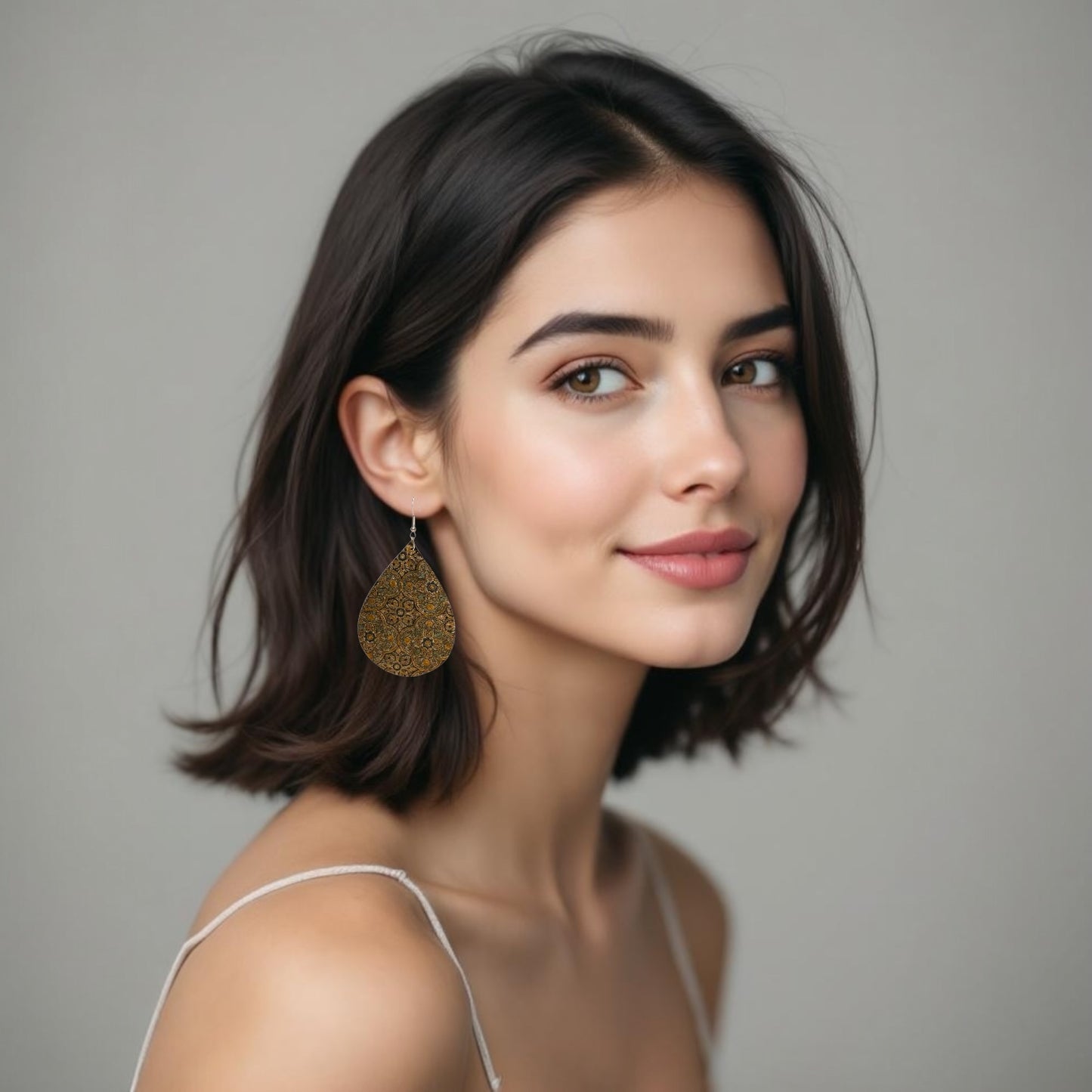 Boho Cork Teardrop Earrings – Vintage Tile Print with 925 Silver Hooks