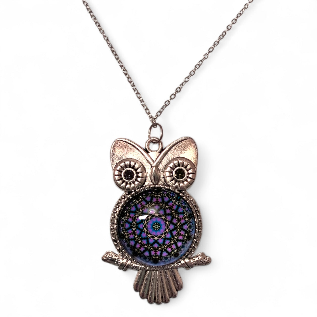 Owl Necklace – Antique Silver Rhodium Plated Pendant with Glass Dome & Rhinestone Eyes Purple