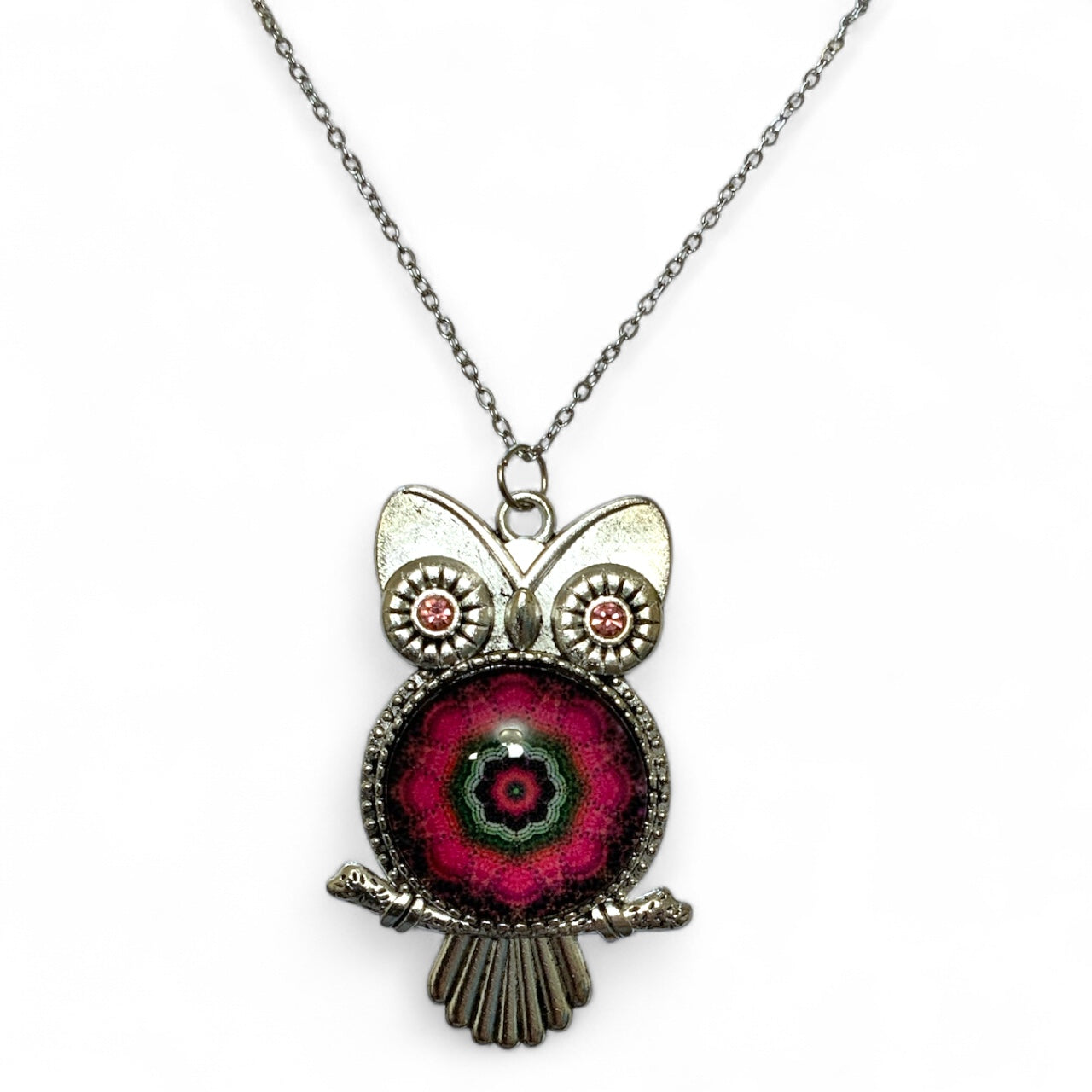 Owl Necklace – Antique Silver Rhodium Plated Pendant with Glass Dome & Rhinestone Eyes Pink