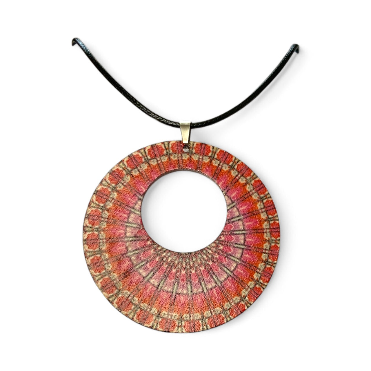 Boho Wooden Pendant Necklace – Printed Design with Black Nylon Chain Style 13