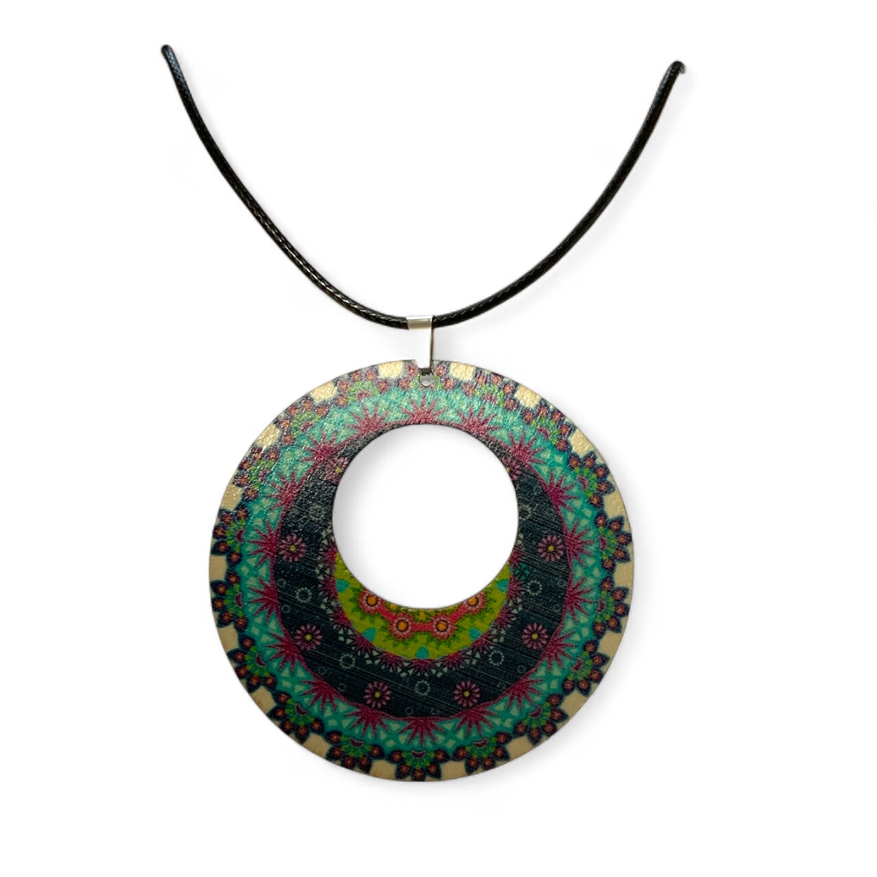 Boho Wooden Pendant Necklace – Printed Design with Black Nylon Chain Style 5