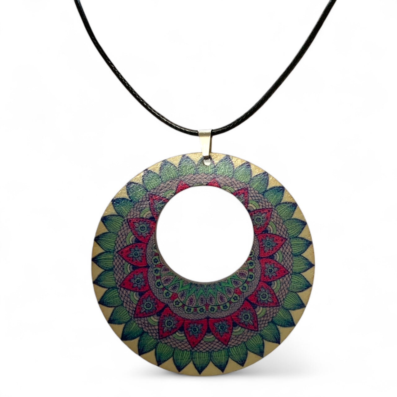 Boho Wooden Pendant Necklace – Printed Design with Black Nylon Chain Style 7