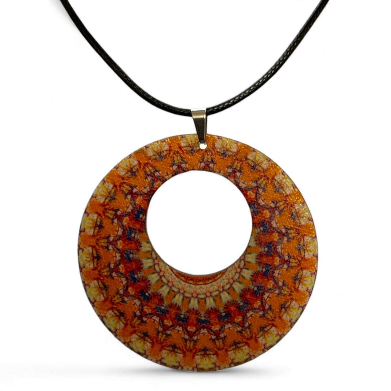 Boho Wooden Pendant Necklace – Printed Design with Black Nylon Chain Style 16