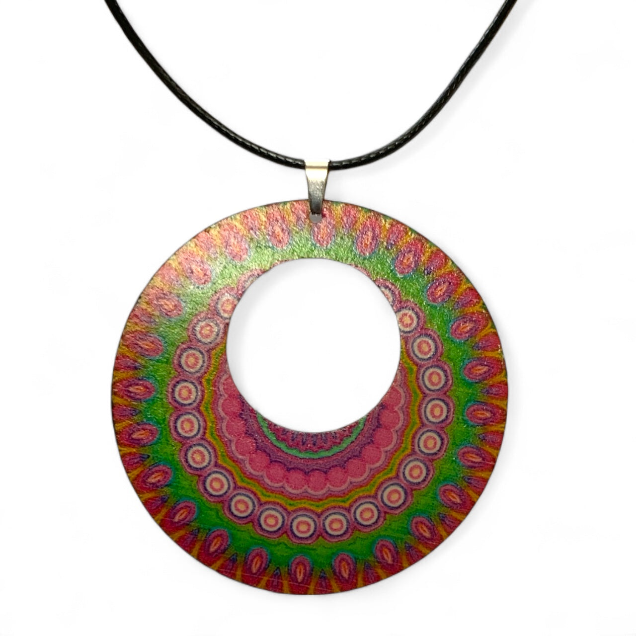Boho Wooden Pendant Necklace – Printed Design with Black Nylon Chain Style 17