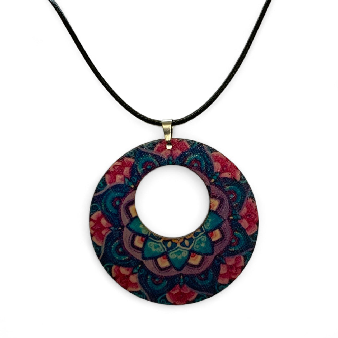Boho Wooden Pendant Necklace – Printed Design with Black Nylon Chain Style 15