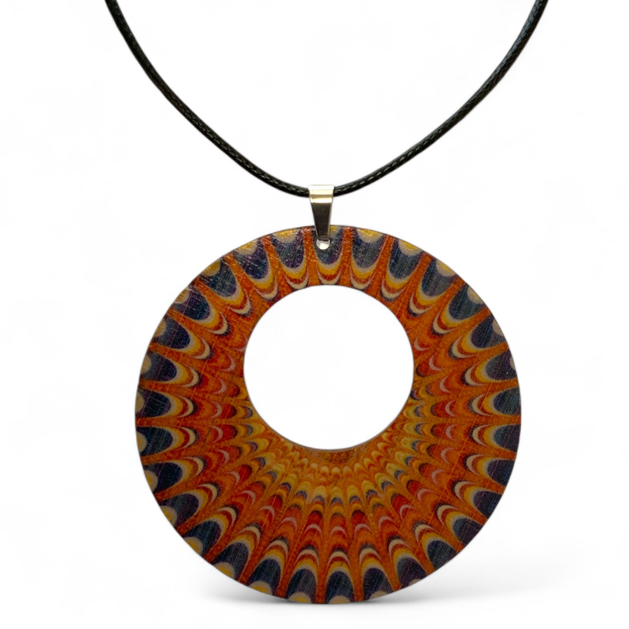 Boho Wooden Pendant Necklace – Printed Design with Black Nylon Chain Style 6
