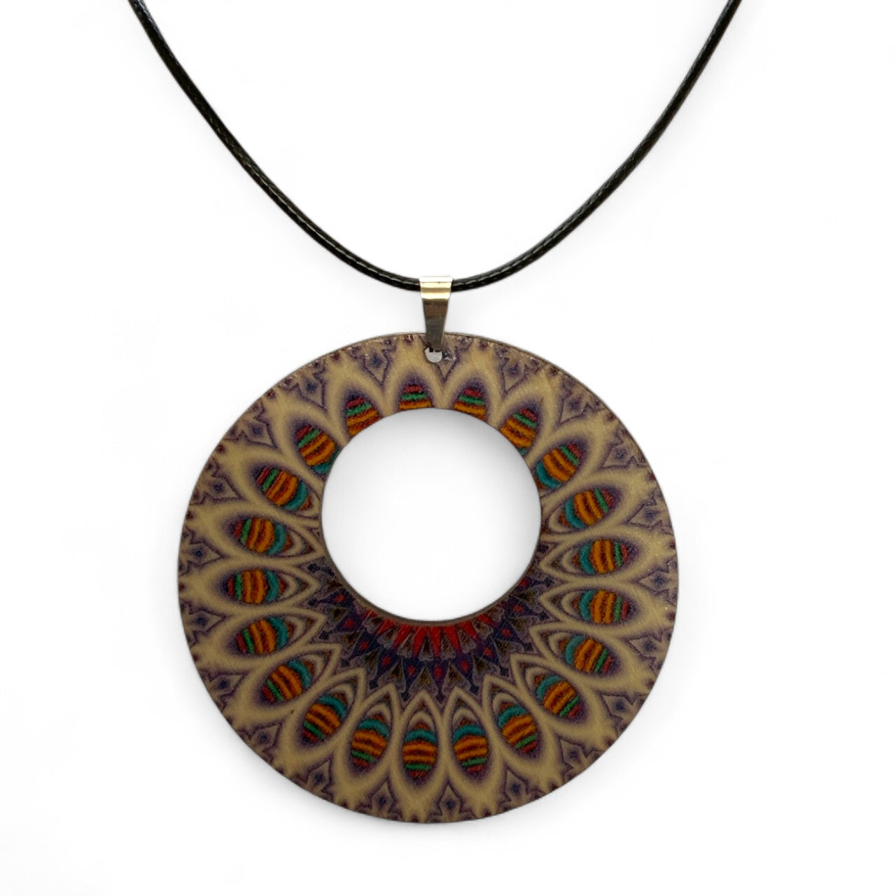 Boho Wooden Pendant Necklace – Printed Design with Black Nylon Chain Style 1