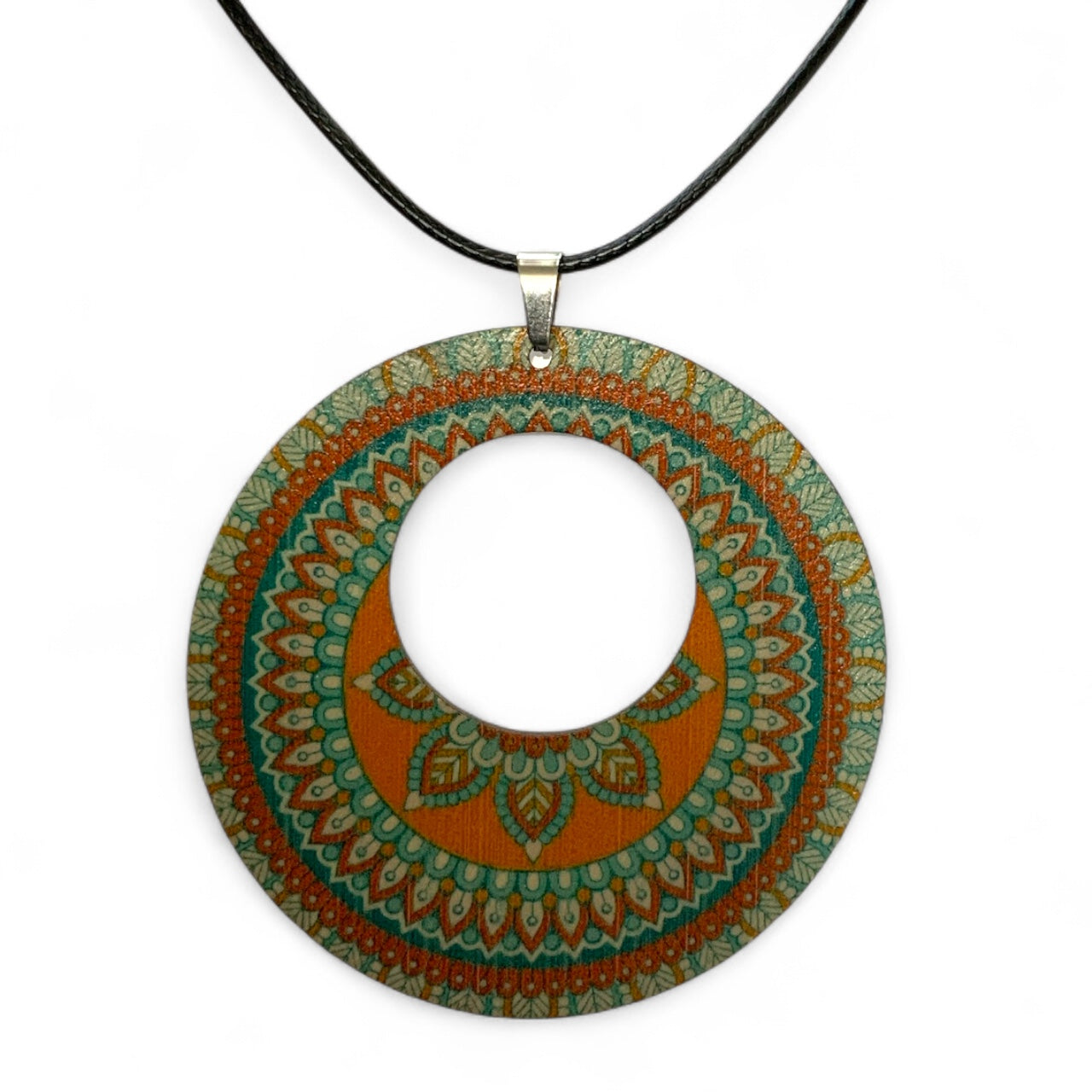 Boho Wooden Pendant Necklace – Printed Design with Black Nylon Chain Style 11