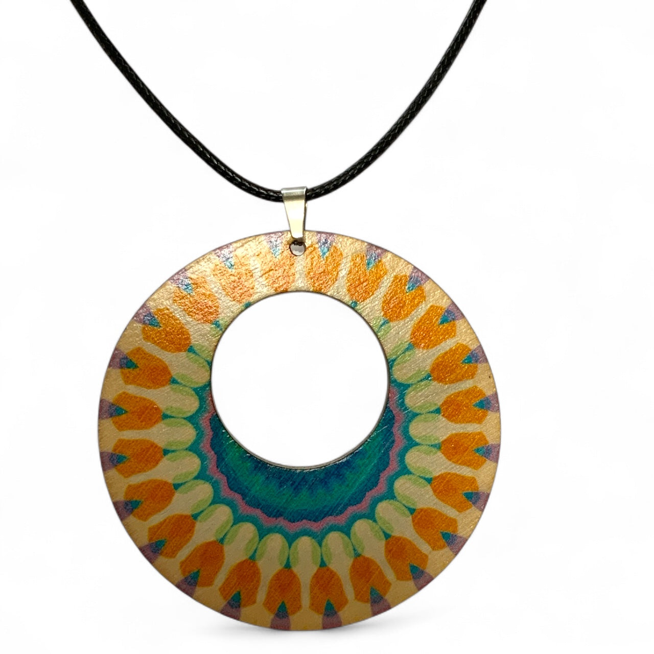 Boho Wooden Pendant Necklace – Printed Design with Black Nylon Chain Style 14