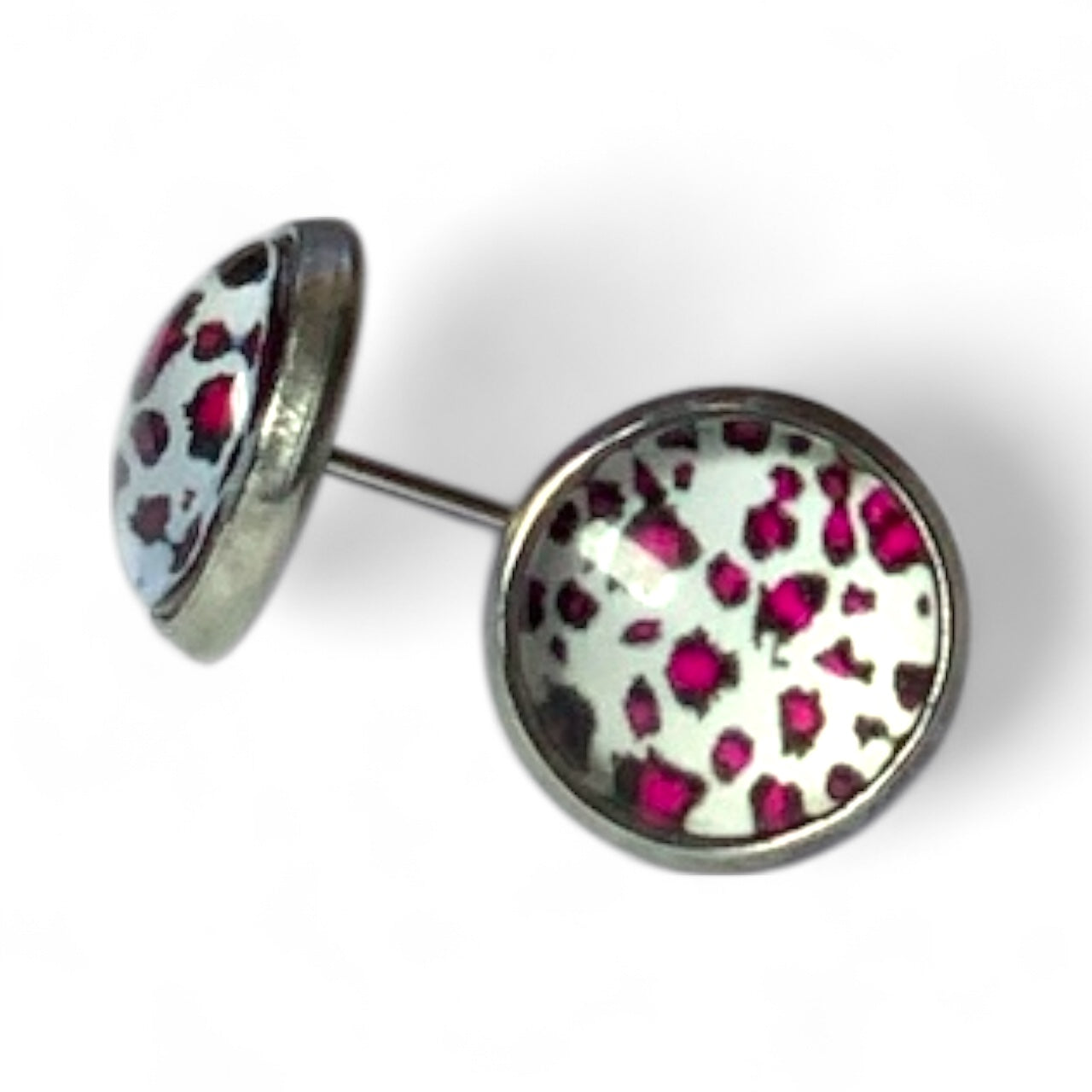 Wild Animal Print Round Dome Stainless Steel Stud Earrings Pink Leopard