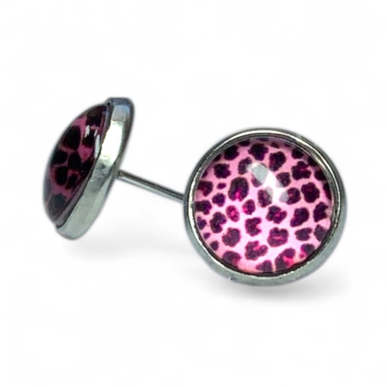 Wild Animal Print Round Dome Stainless Steel Stud Earrings Pink Cheater