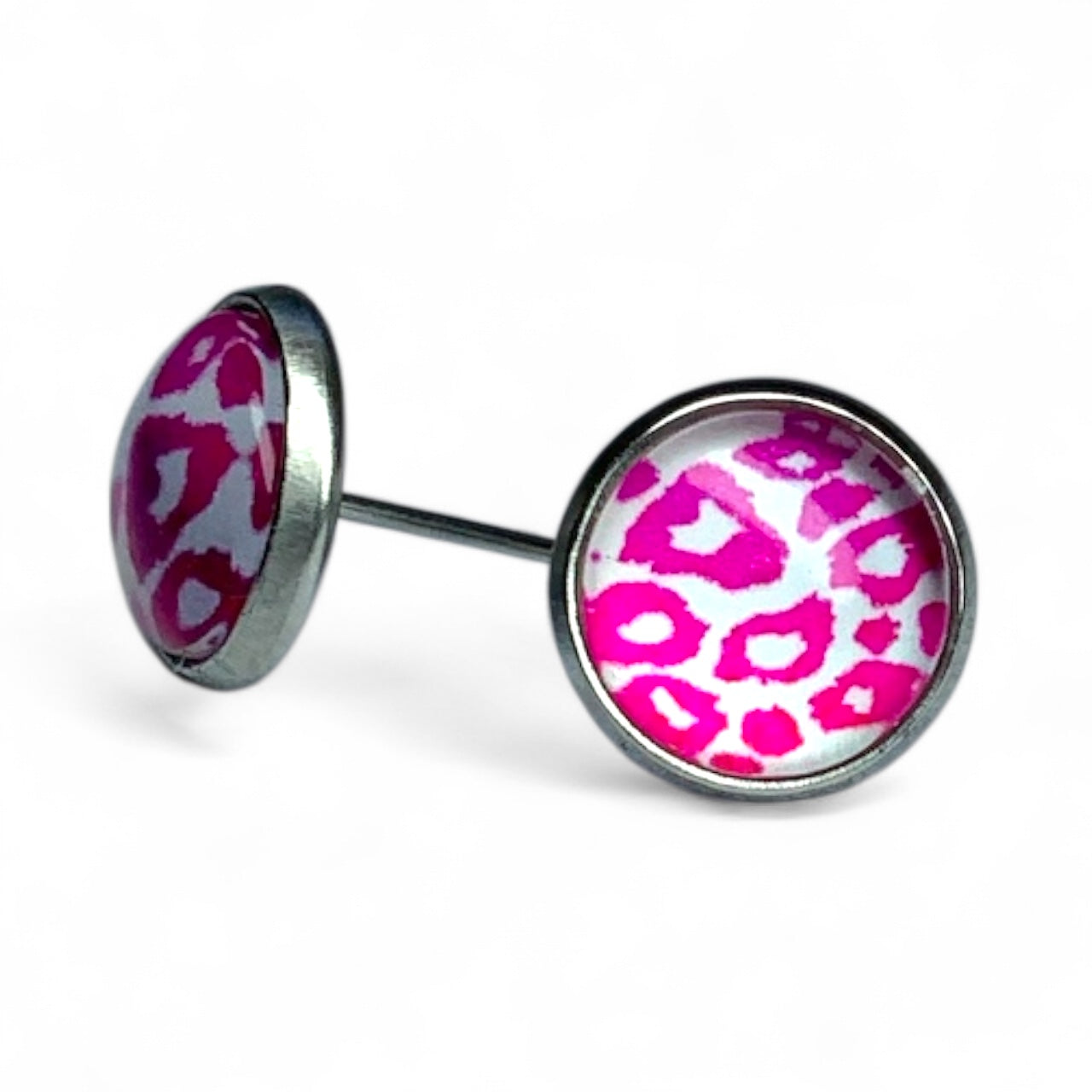 Wild Animal Print Round Dome Stainless Steel Stud Earrings Pink Jaguar