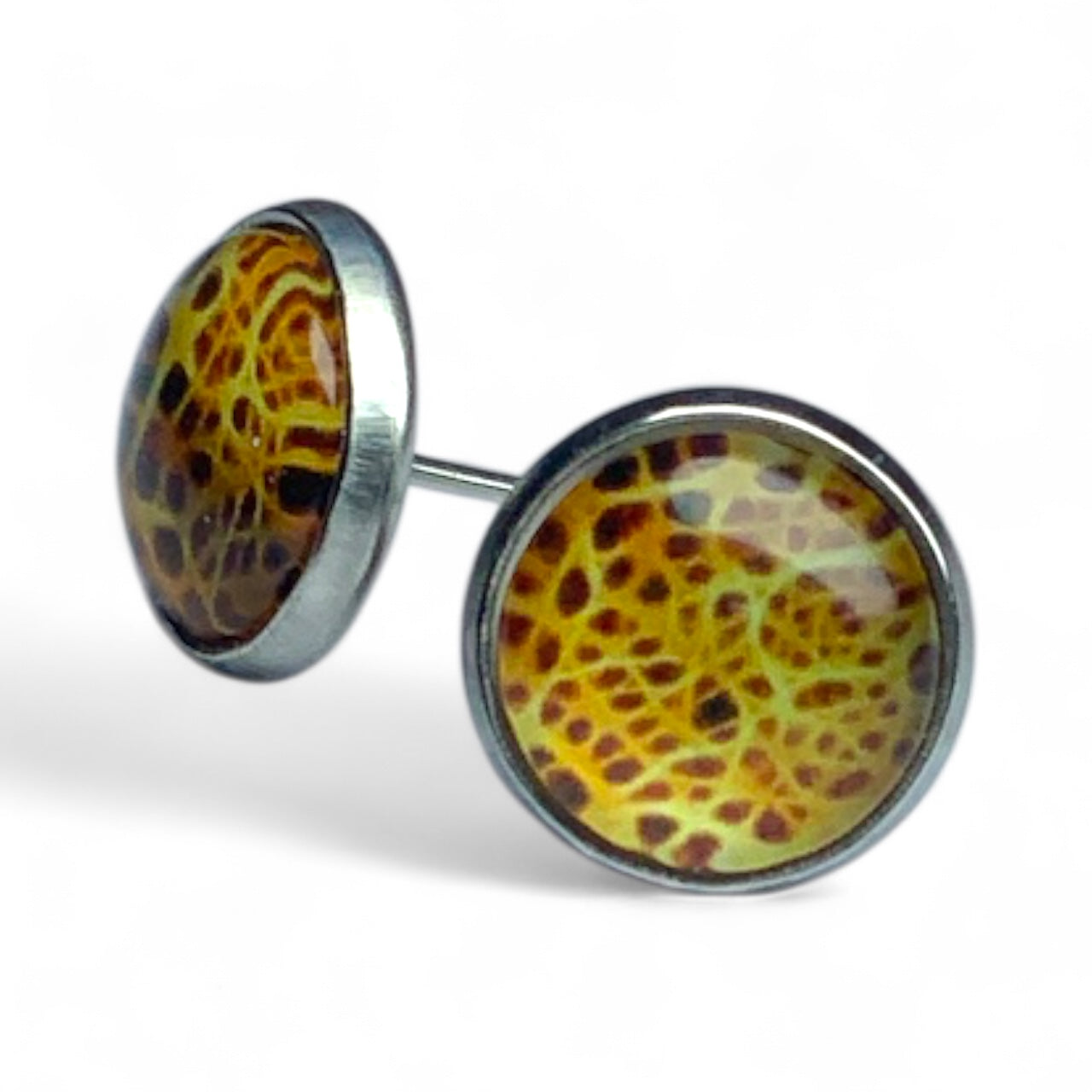Wild Animal Print Round Dome Stainless Steel Stud Earrings Jaguar