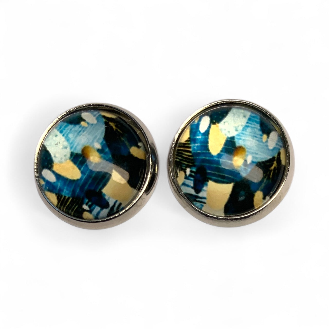 Geometric Glass Cabochon Stud Earrings 12mm | Colourful Artwork Design Silver Plated
