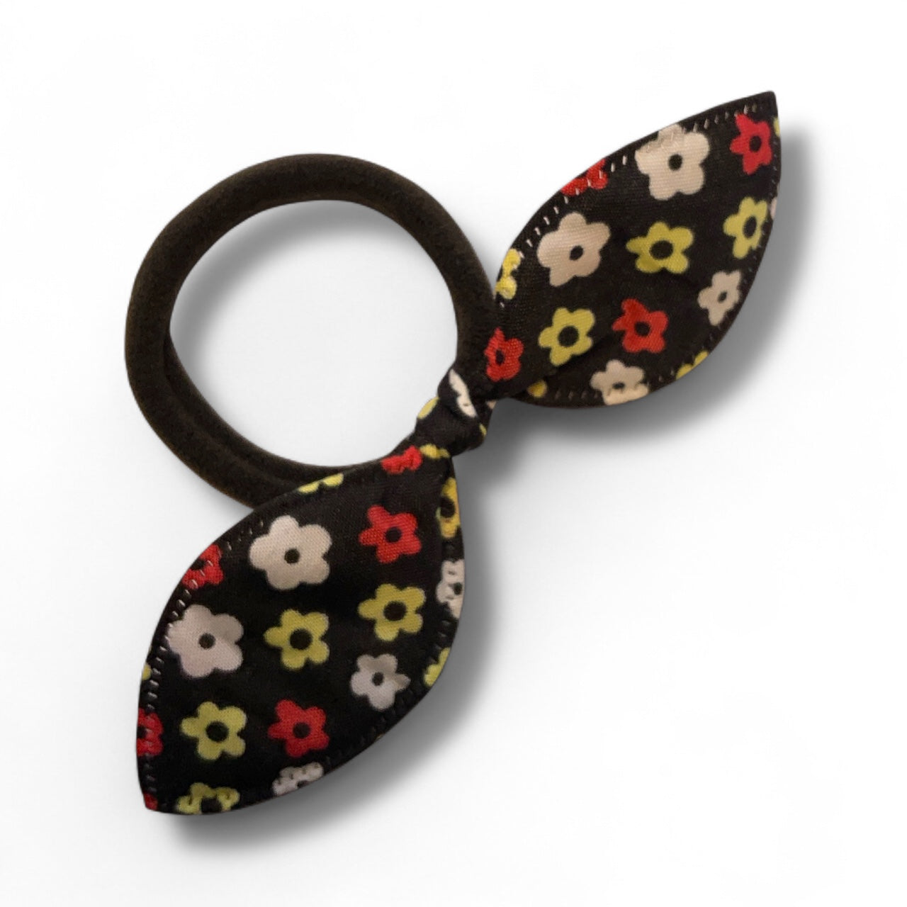 Fabric Bow Hair Ties – 2 Pack Printed Bows on Soft Elastic Bands Black Flowers
