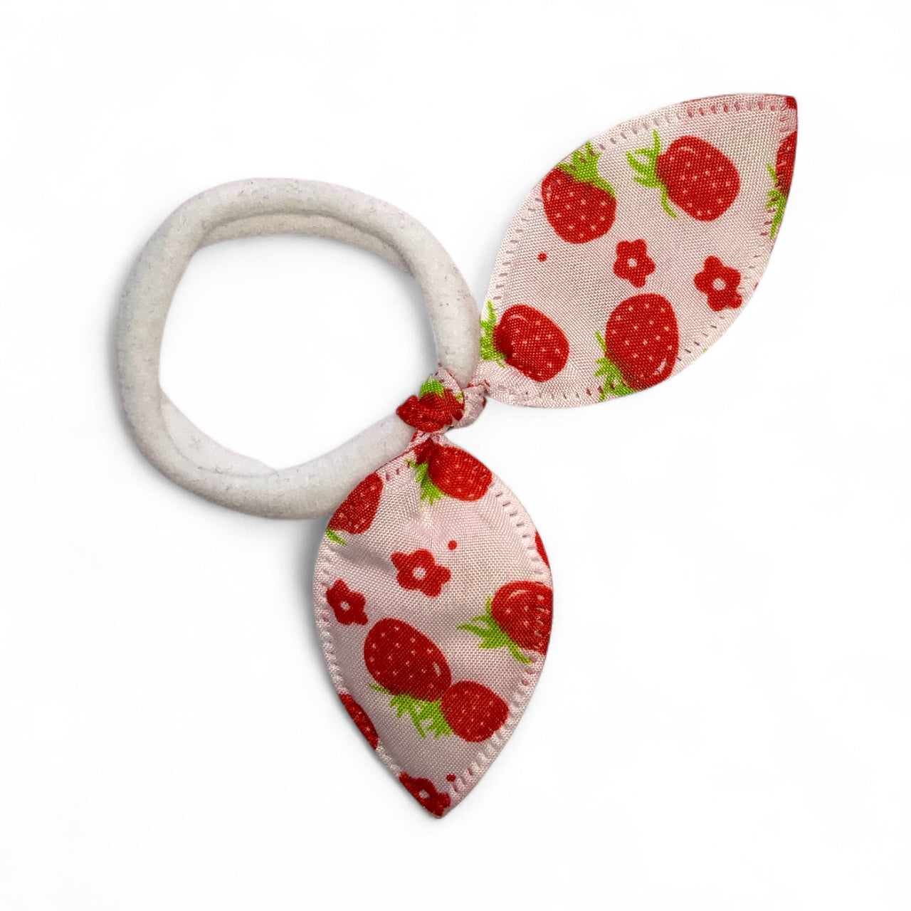 Fabric Bow Hair Ties – 2 Pack Printed Bows on Soft Elastic Bands White Strawberries
