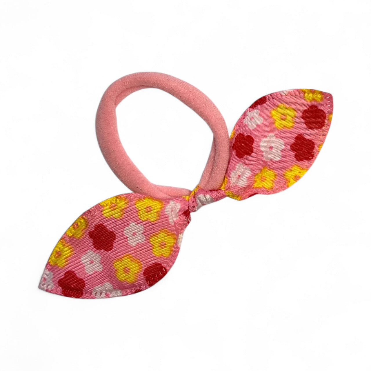 Fabric Bow Hair Ties – 2 Pack Printed Bows on Soft Elastic Bands Pink Flowers