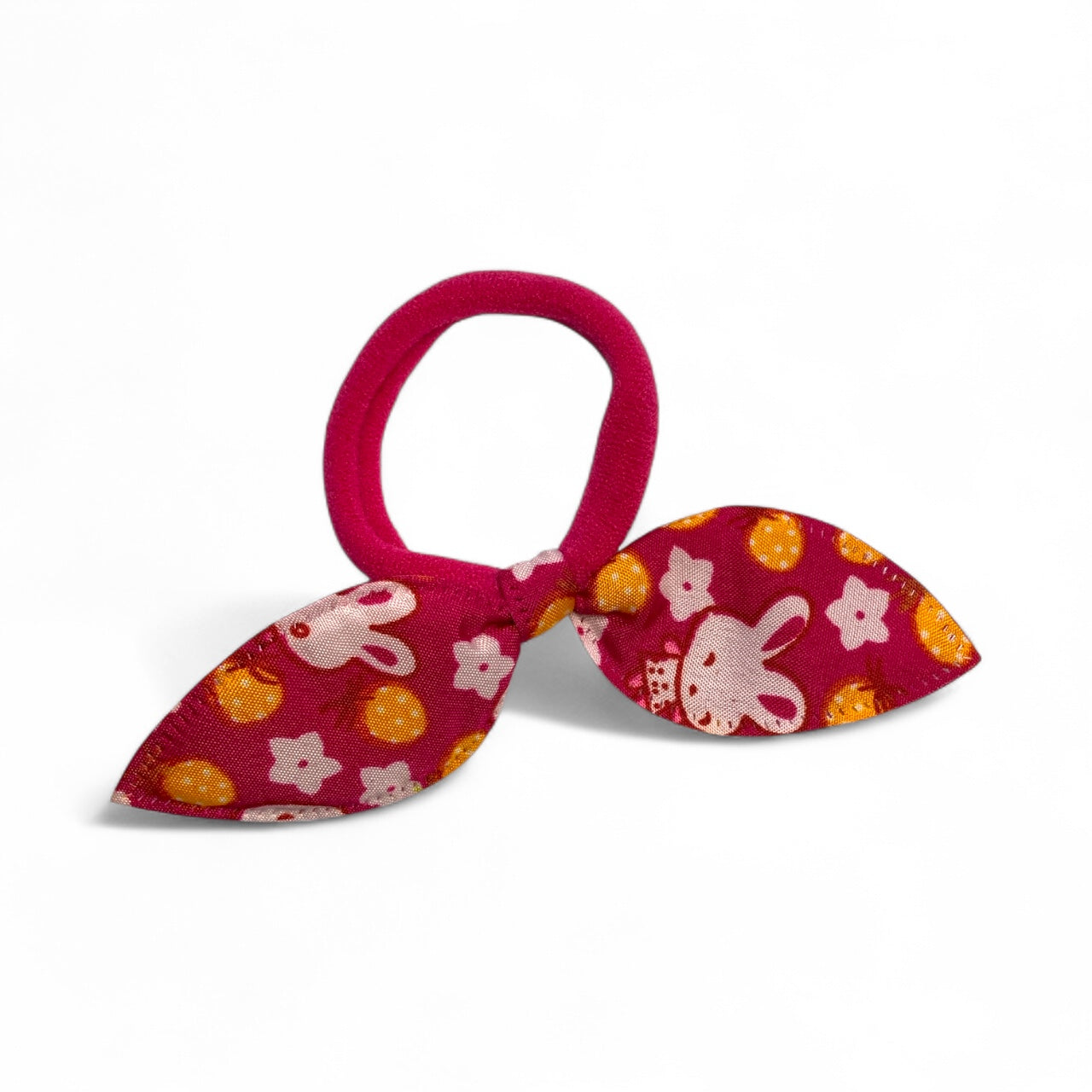 Fabric Bow Hair Ties – 2 Pack Printed Bows on Soft Elastic Bands Pink Bunny