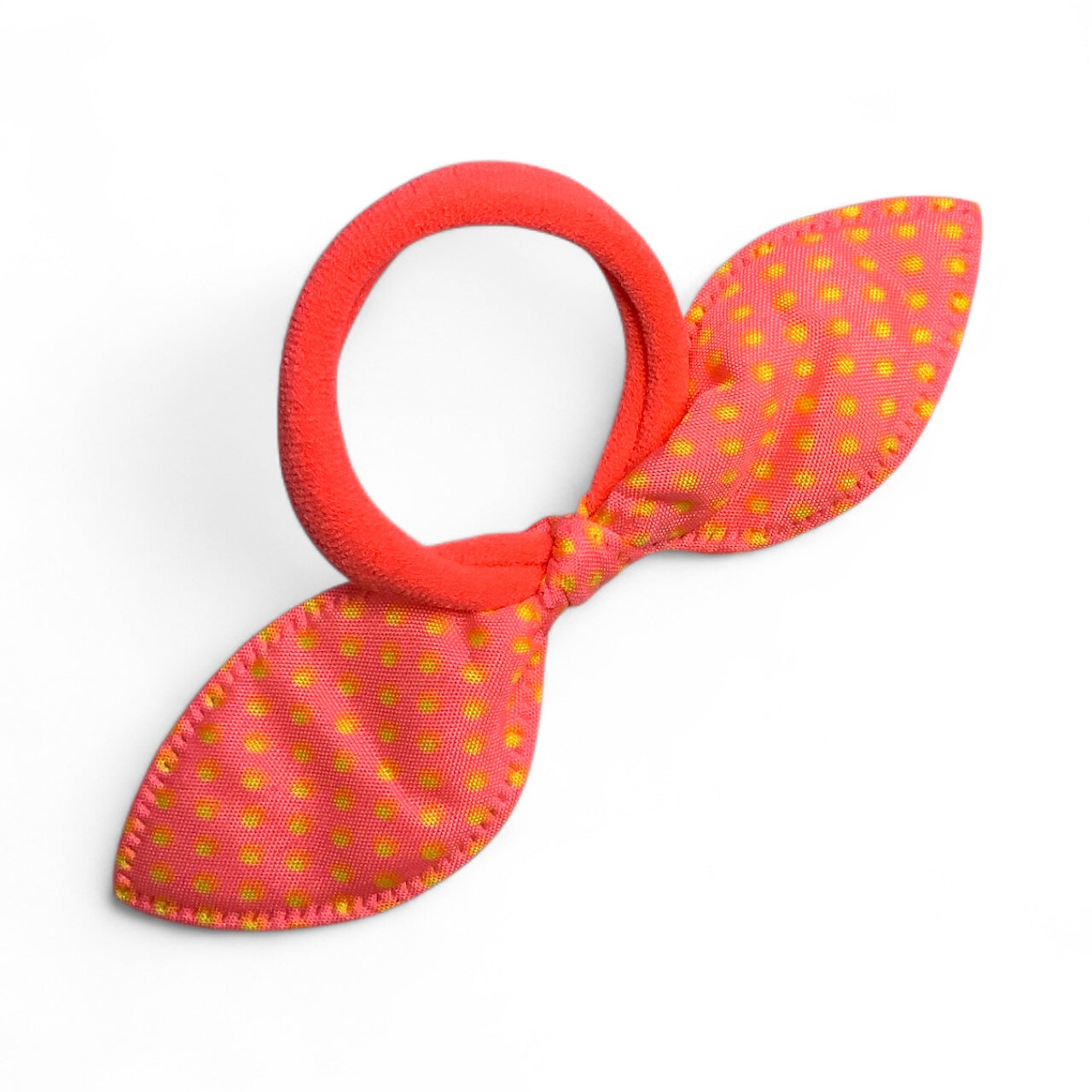 Fabric Bow Hair Ties – 2 Pack Printed Bows on Soft Elastic Bands Coral Yellow Dots