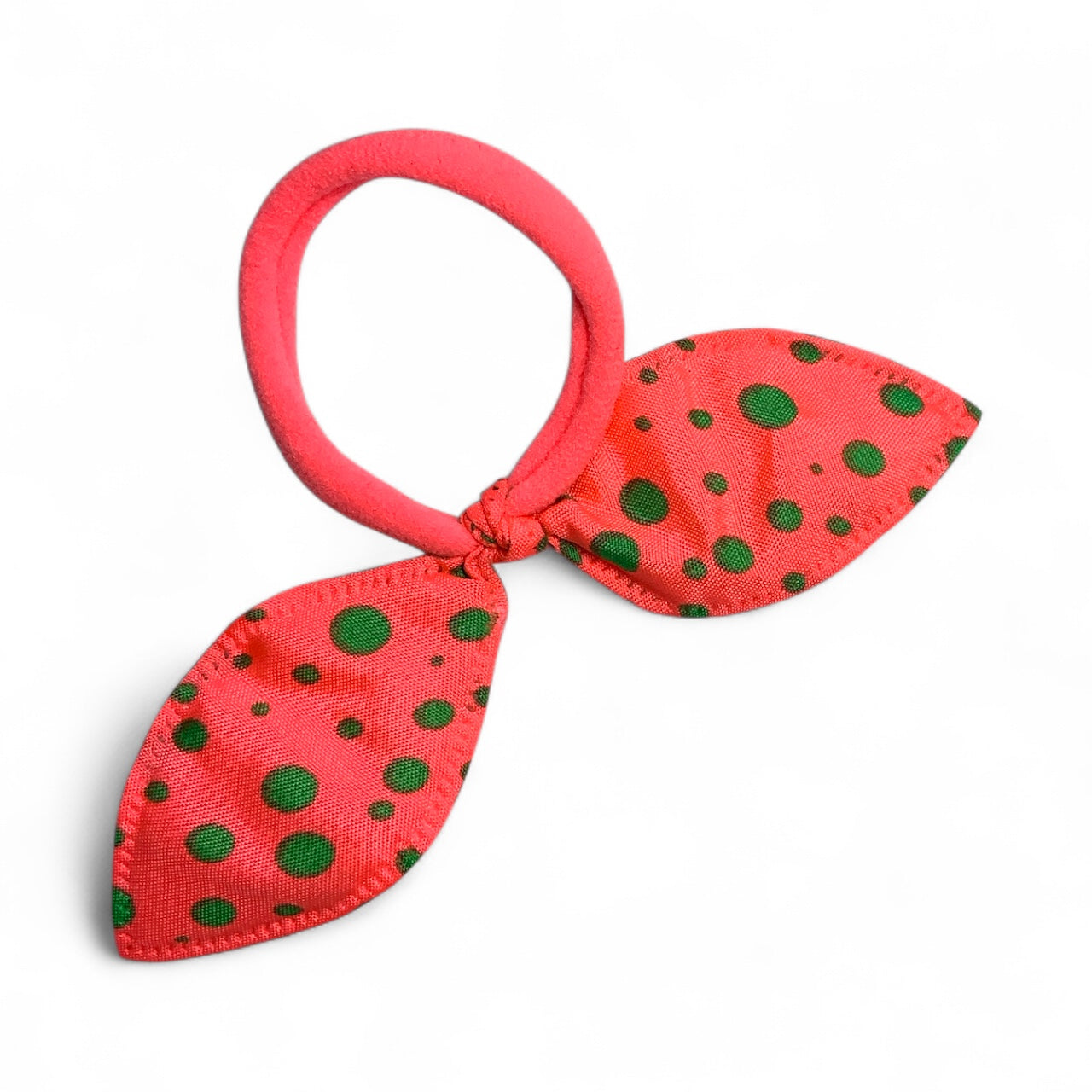 Fabric Bow Hair Ties – 2 Pack Printed Bows on Soft Elastic Bands Coral Green Dots