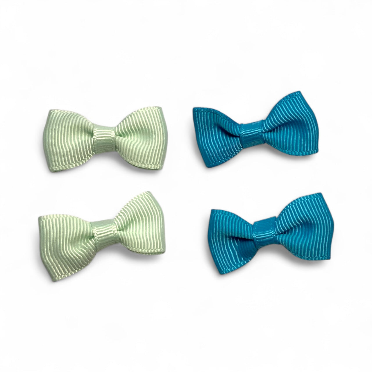 Mini Fabric Ribbon Bow Clips – Set of 4 Alligator Clips (2 Colours) Light Mint Blue