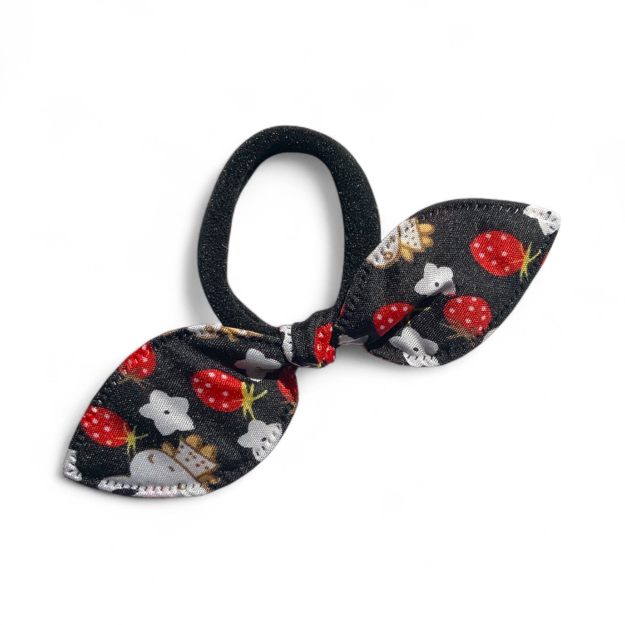 Fabric Bow Hair Ties – 2 Pack Printed Bows on Soft Elastic Bands Black Strawberries