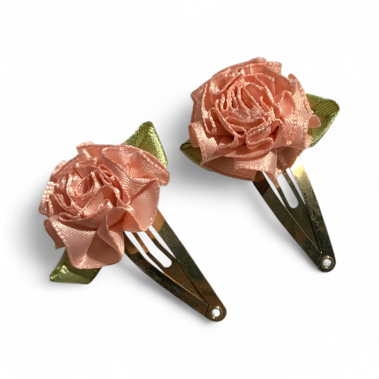 Flower Hair Clips Set of 2 | 25mm Ribbon Rose on Gold or Silver Snap Clips Gold Dusty Pink