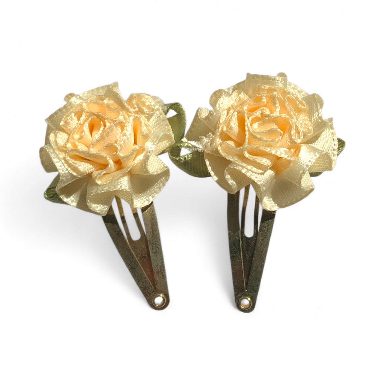 Flower Hair Clips Set of 2 | 25mm Ribbon Rose on Gold or Silver Snap Clips Gold Cream