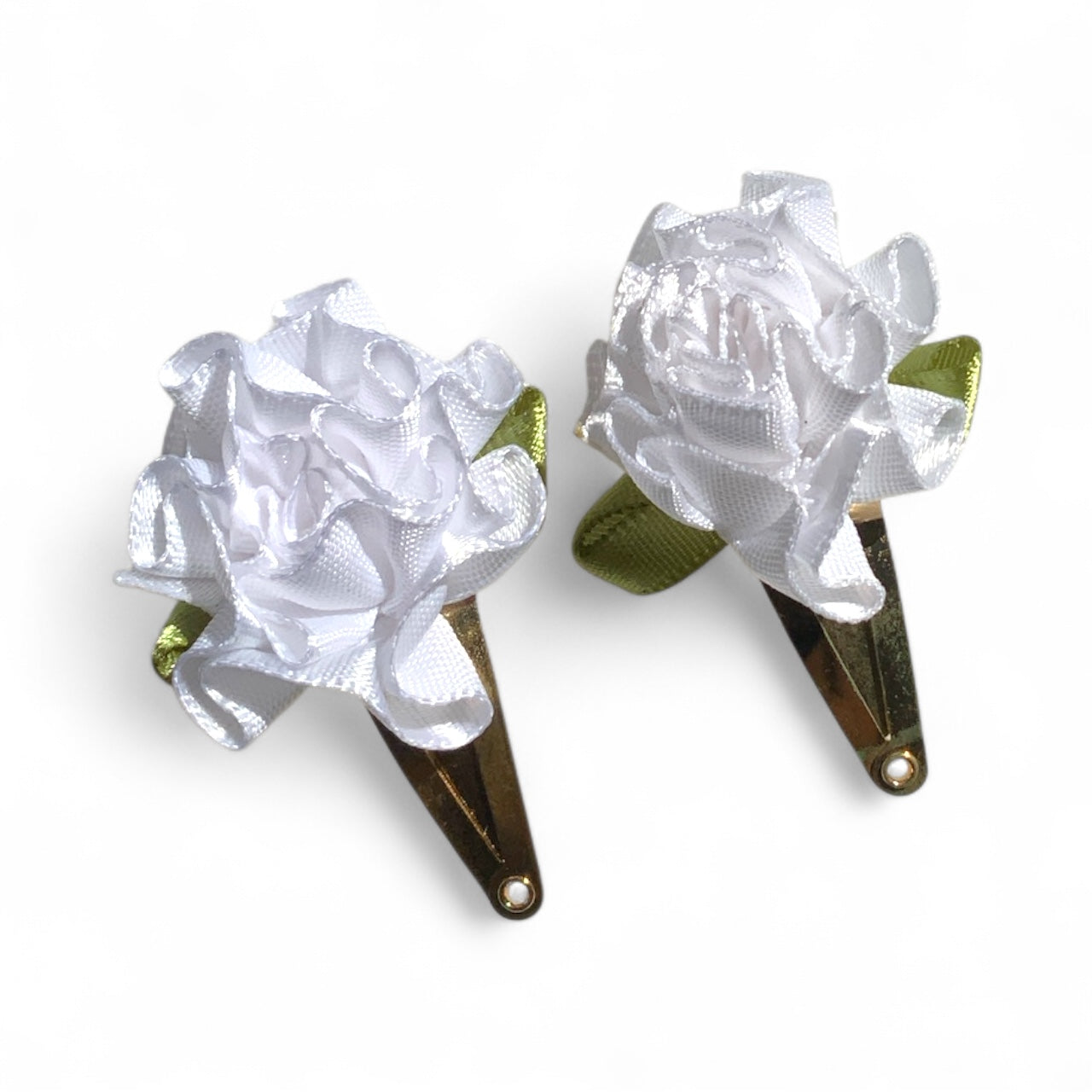 Flower Hair Clips Set of 2 | 25mm Ribbon Rose on Gold or Silver Snap Clips Gold White
