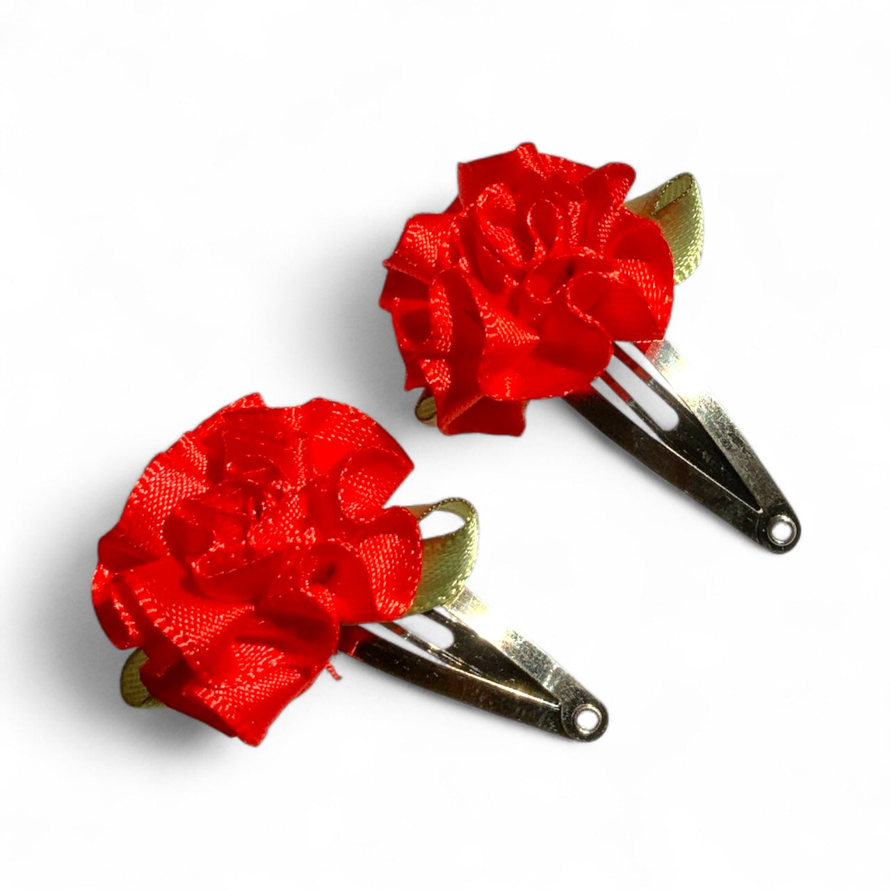 Flower Hair Clips Set of 2 | 25mm Ribbon Rose on Gold or Silver Snap Clips Silver Red
