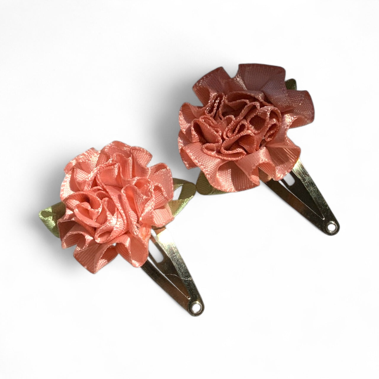 Flower Hair Clips Set of 2 | 25mm Ribbon Rose on Gold or Silver Snap Clips Silver Dusty Pink
