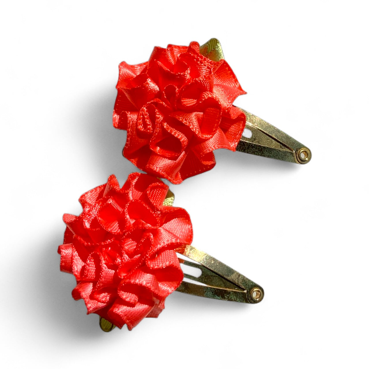 Flower Hair Clips Set of 2 | 25mm Ribbon Rose on Gold or Silver Snap Clips Gold Coral