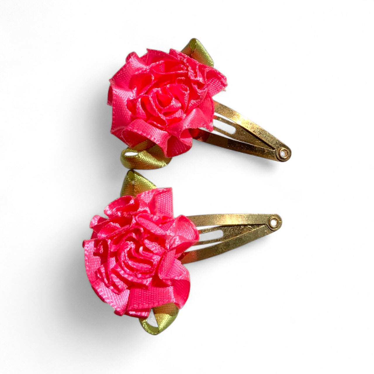 Flower Hair Clips Set of 2 | 25mm Ribbon Rose on Gold or Silver Snap Clips Gold Pink