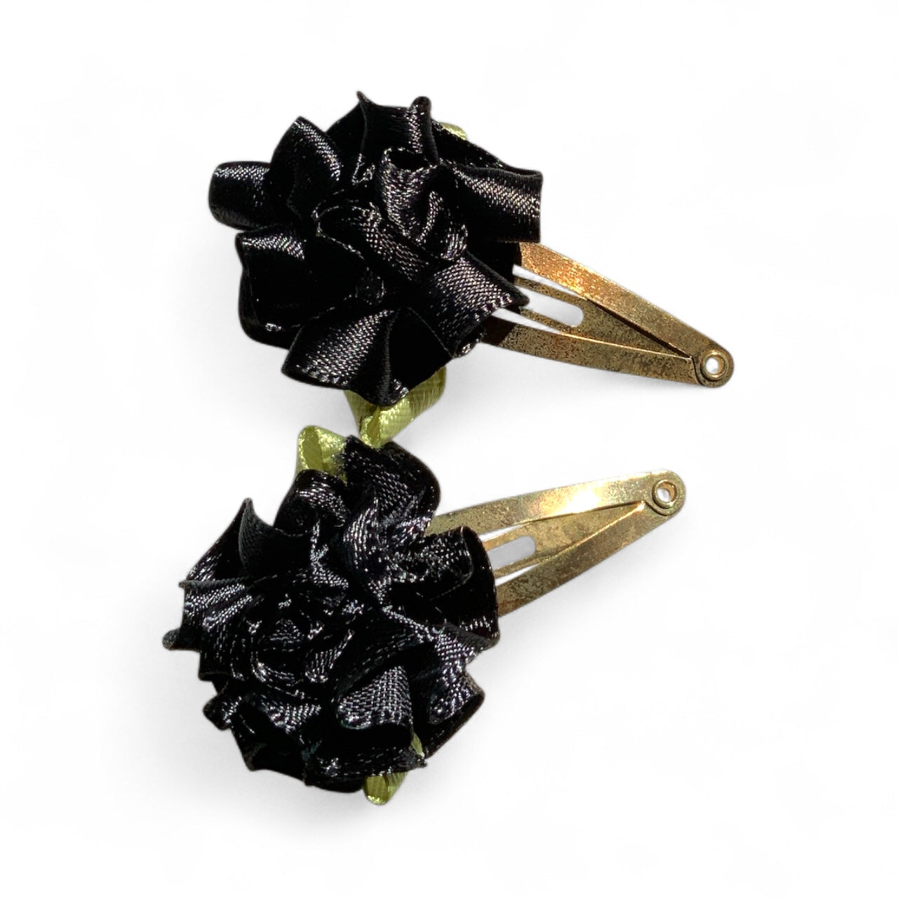 Flower Hair Clips Set of 2 | 25mm Ribbon Rose on Gold or Silver Snap Clips Gold Black