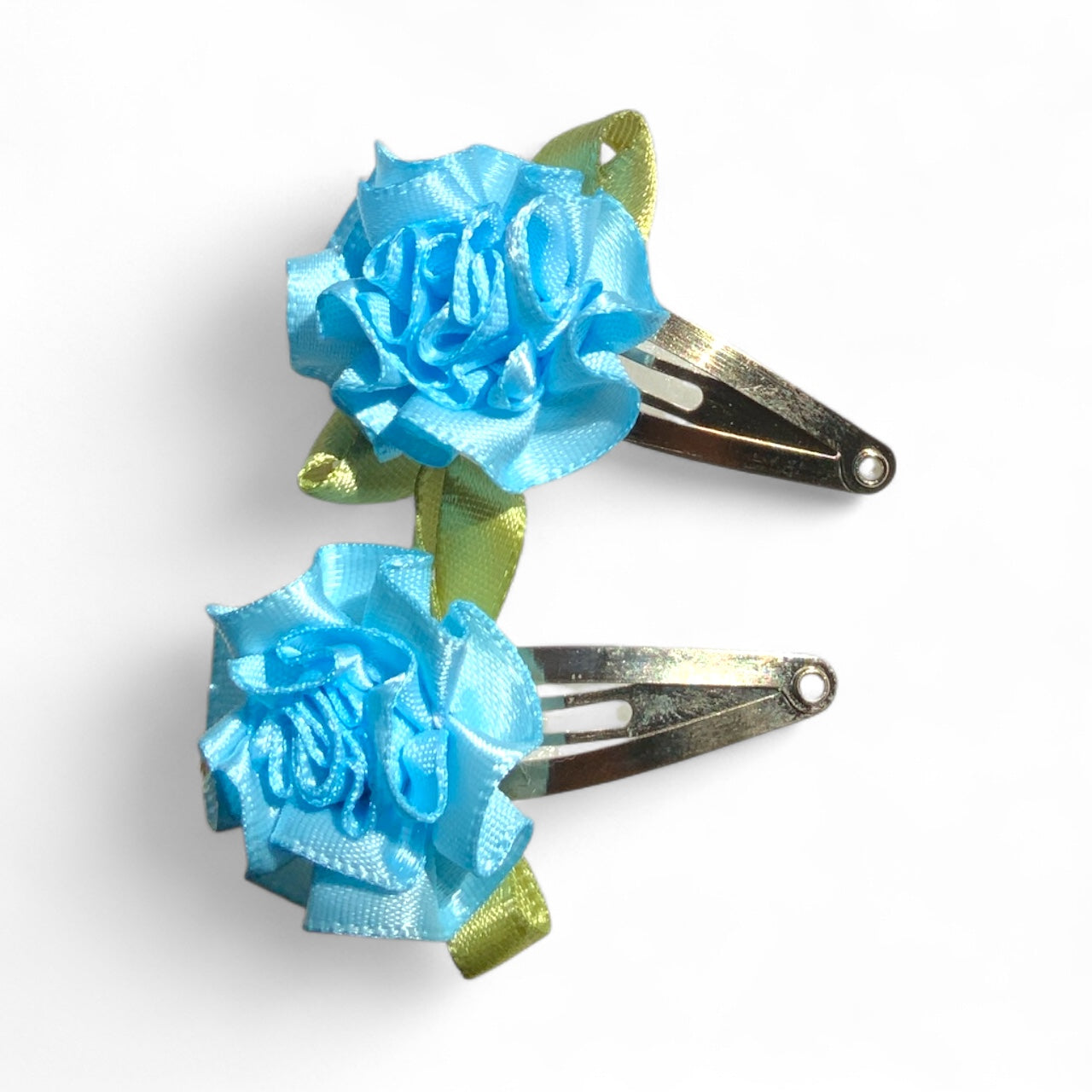 Flower Hair Clips Set of 2 | 25mm Ribbon Rose on Gold or Silver Snap Clips Silver Blue