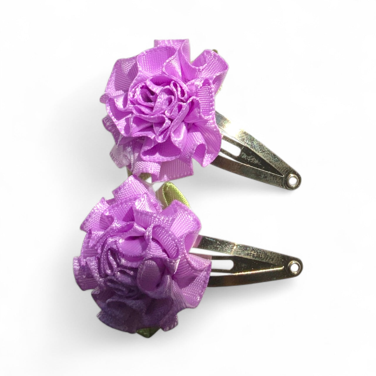 Flower Hair Clips Set of 2 | 25mm Ribbon Rose on Gold or Silver Snap Clips Silver Purple