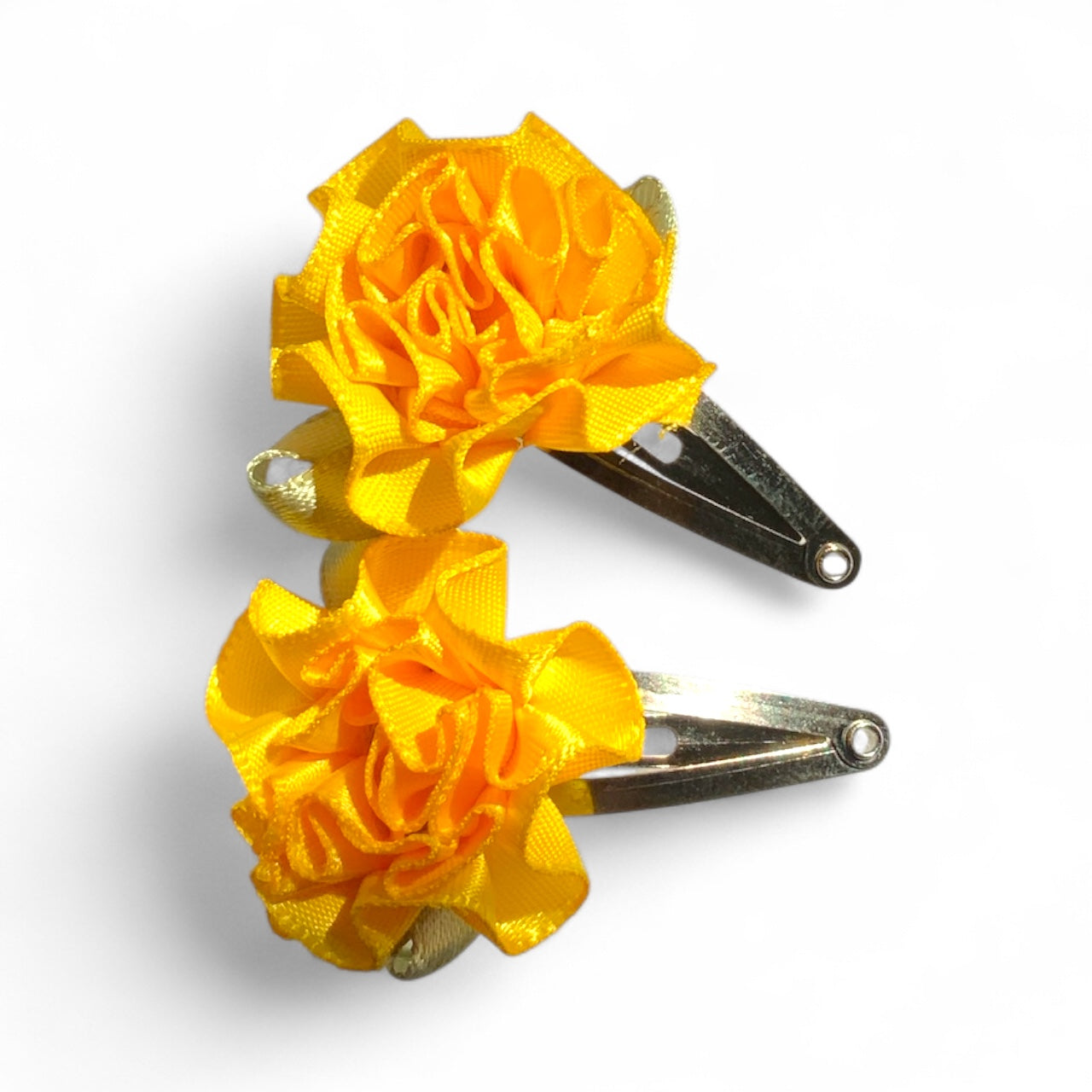 Flower Hair Clips Set of 2 | 25mm Ribbon Rose on Gold or Silver Snap Clips Silver Yellow
